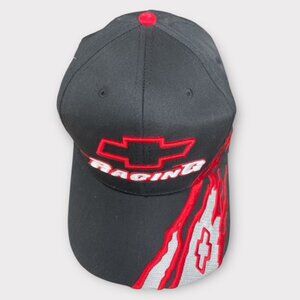 Chevrolet Black Racing Cap Embordered w/ Bowtie Silver & Red Flame side of Cap